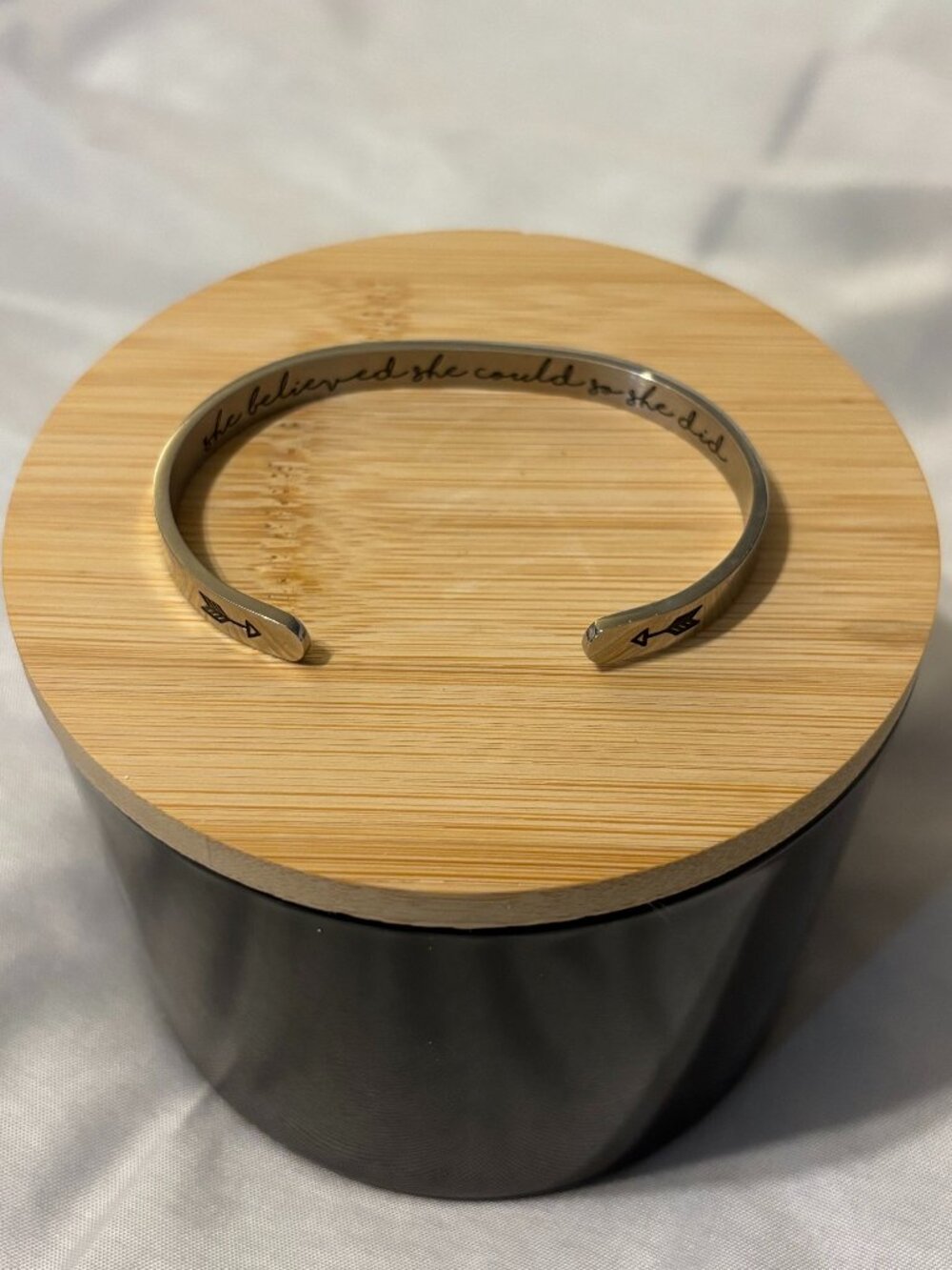 “She Believed She Could So She Did” Inspirational Silver Tone Cuff Bracelet